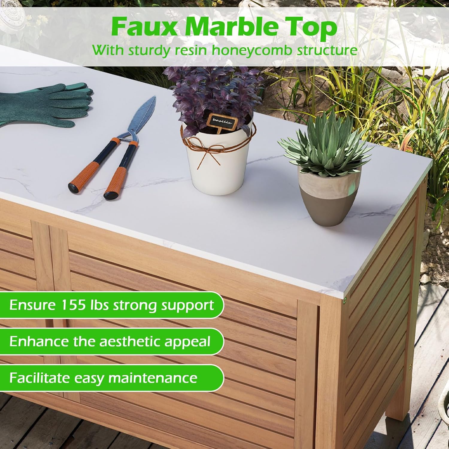 Goplus Patio Storage Cabinet, 2-Door Acacia Wood Console Table with Faux Marble Top, Outdoor Wooden Sideboard for Deck, Garden, Backyard & Entryway