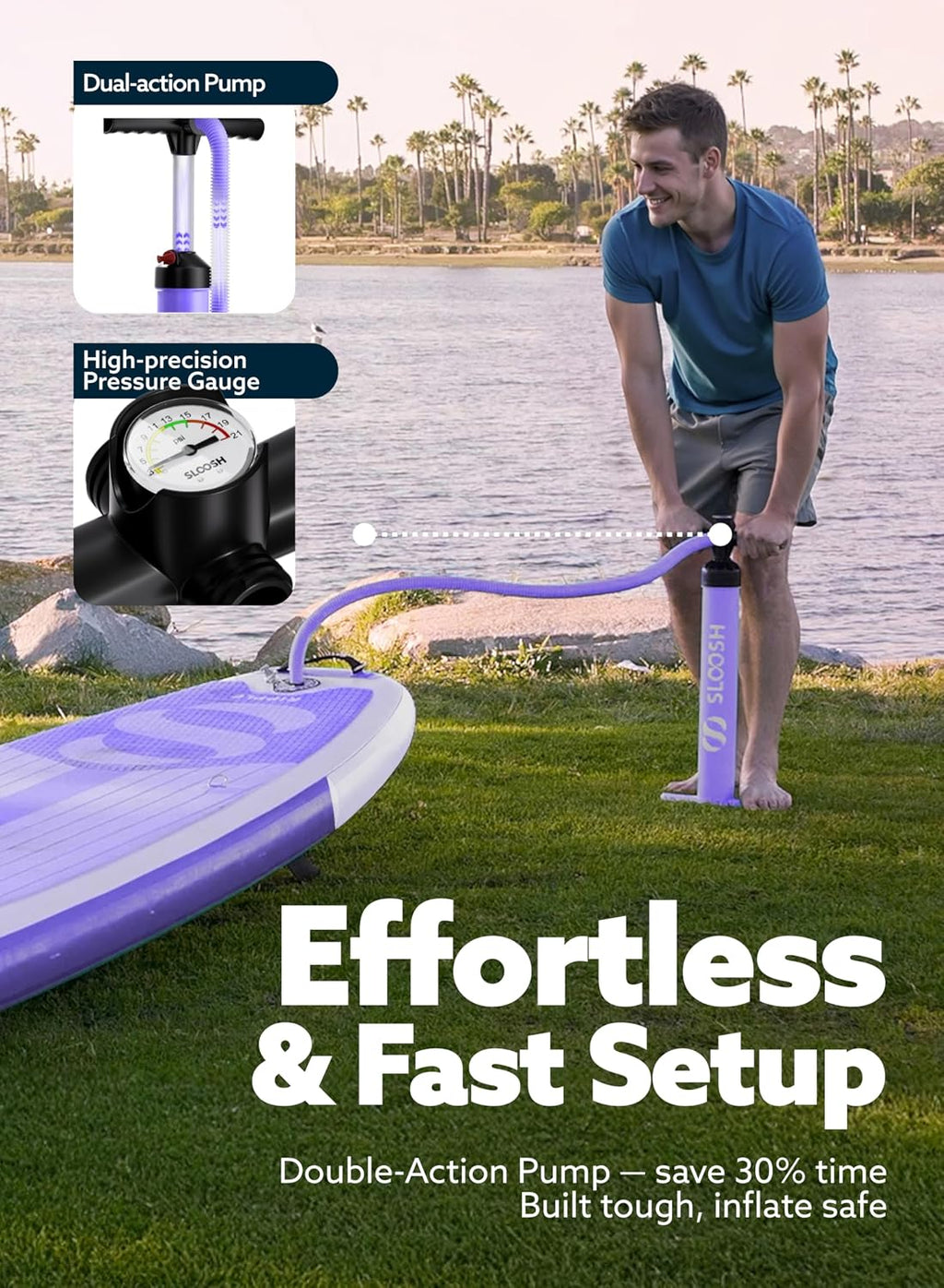 SLOOSH Inflatable SUP & Electric Pump Bundle – 10'6' Paddle Board with Premium Accessories, Non-Slip EVA Deck, 20 PSI Dual-Stage Pump for Fast Inflation, Perfect for Youth & Adults of All Skill Levels