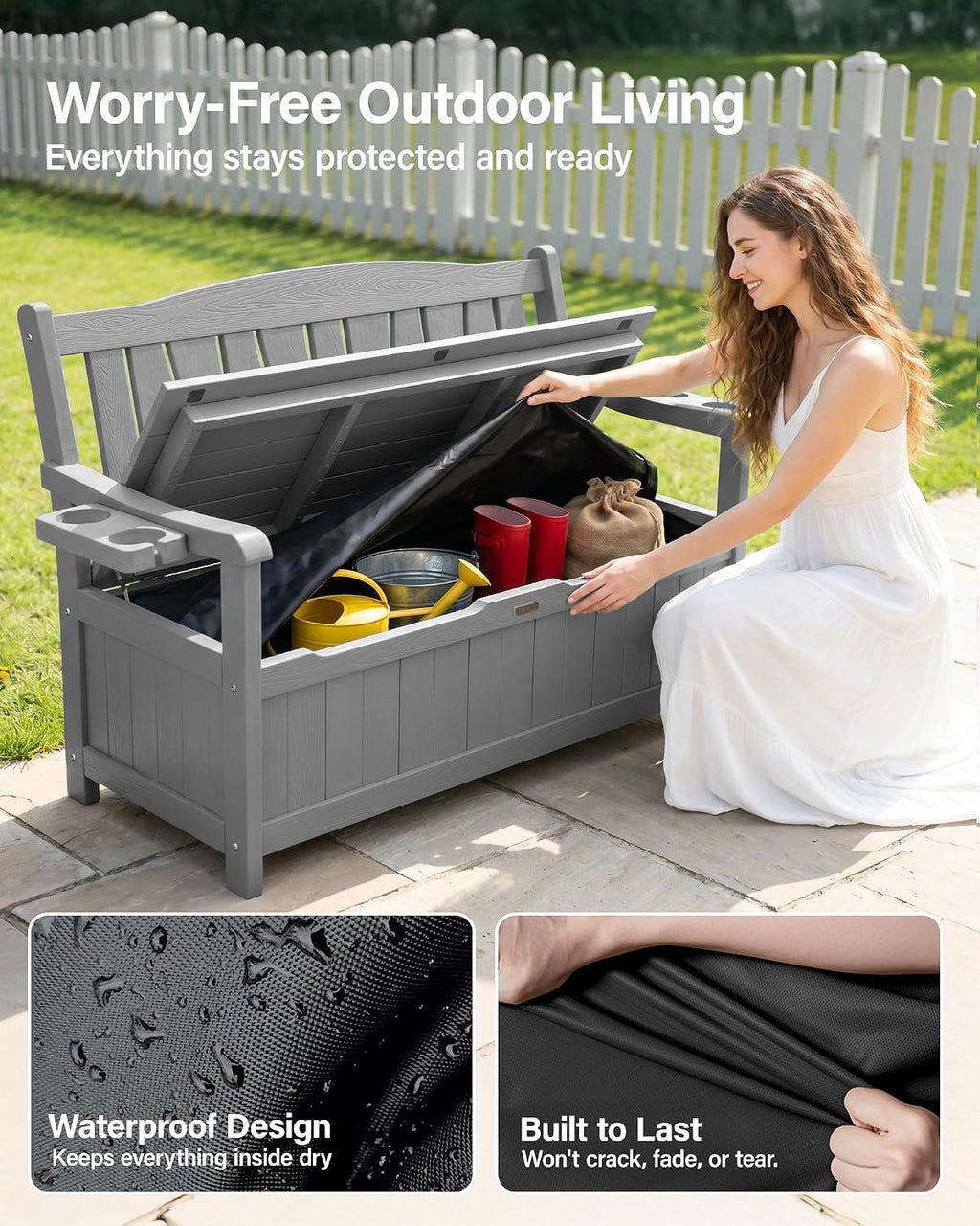 YEFU Outdoor Storage Bench for Patio: Heavy Duty Garden Bench with 96° High Backrest & Oversized Seating - Weatherproof HIPS Patio Benches with Storage for Porch Backyard Park Room, Grey