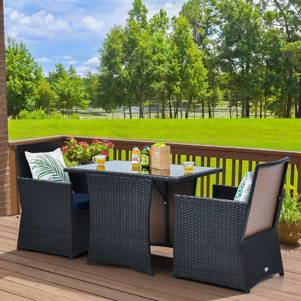 HAPPYGRILL 3 Piece Patio Furniture Set, Outdoor PE Rattan Wicker Bistro Set with Washable Cushions & Tempered Glass Table, for Backyard Porch Garden Balcony Poolside