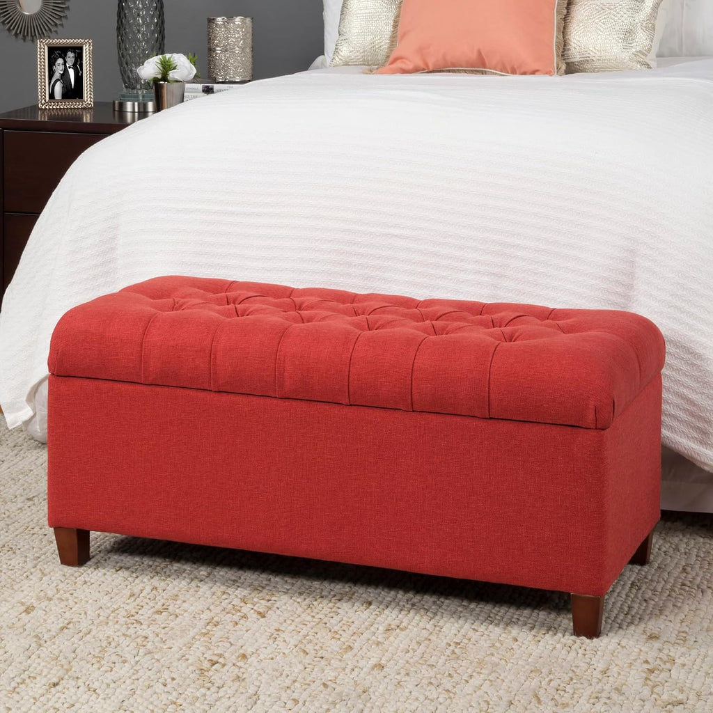 Homepop Home Decor | Tufted Ainsley Button Storage Ottoman Bench with Hinged Lid | Ottoman Bench with Storage for Living Room & Bedroom, Cranberry