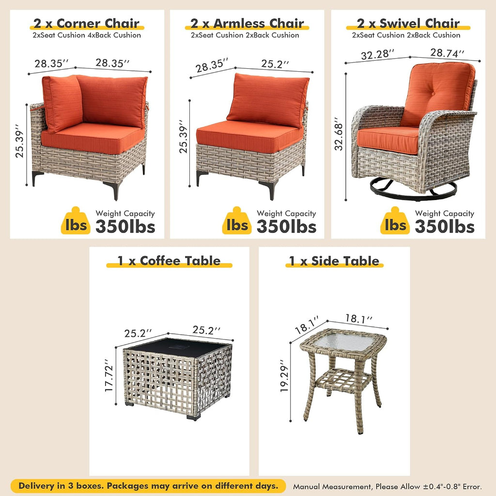 Patio Sectional Outdoor Furniture Set with Swivel Rocking Chairs and Glowing Table,8 Pieces Wicker Conversation Sets Modular Couch Out Door Sofa Outside Furniture for Garden Deck Yard Porch,Orange Red