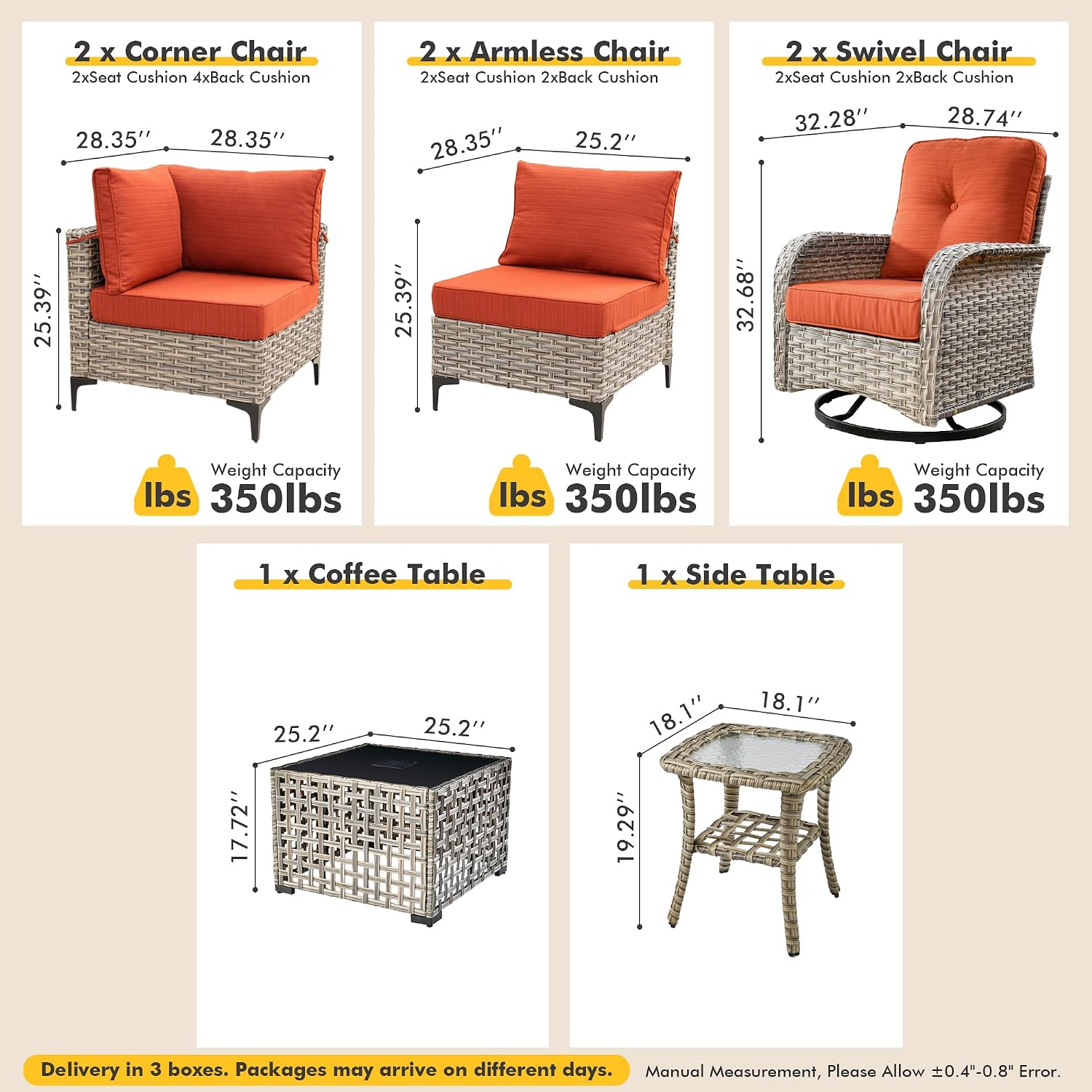 Patio Sectional Outdoor Furniture Set with Swivel Rocking Chairs and Glowing Table,8 Pieces Wicker Conversation Sets Modular Couch Out Door Sofa Outside Furniture for Garden Deck Yard Porch,Orange Red
