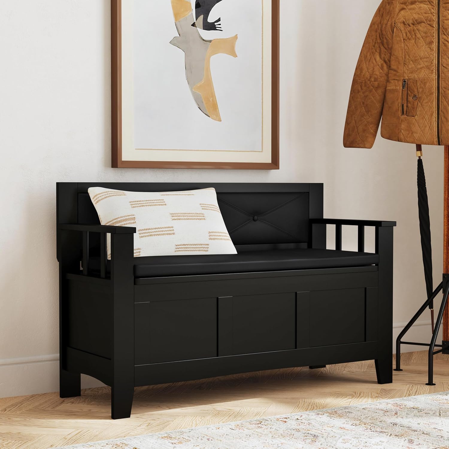 Linon Carlton Padded Bench, 44.5'W x 17'D x 30'H, Black
