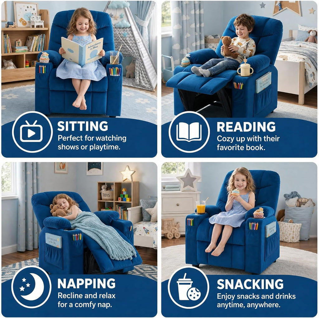 Donut Larger Kids Reclining Chair Velvet Fabric Recliner Sofa Push Back Lounge Children Toddler Boys Girls Ages 3-12 with Dual Cup Holders and 4 Pockets