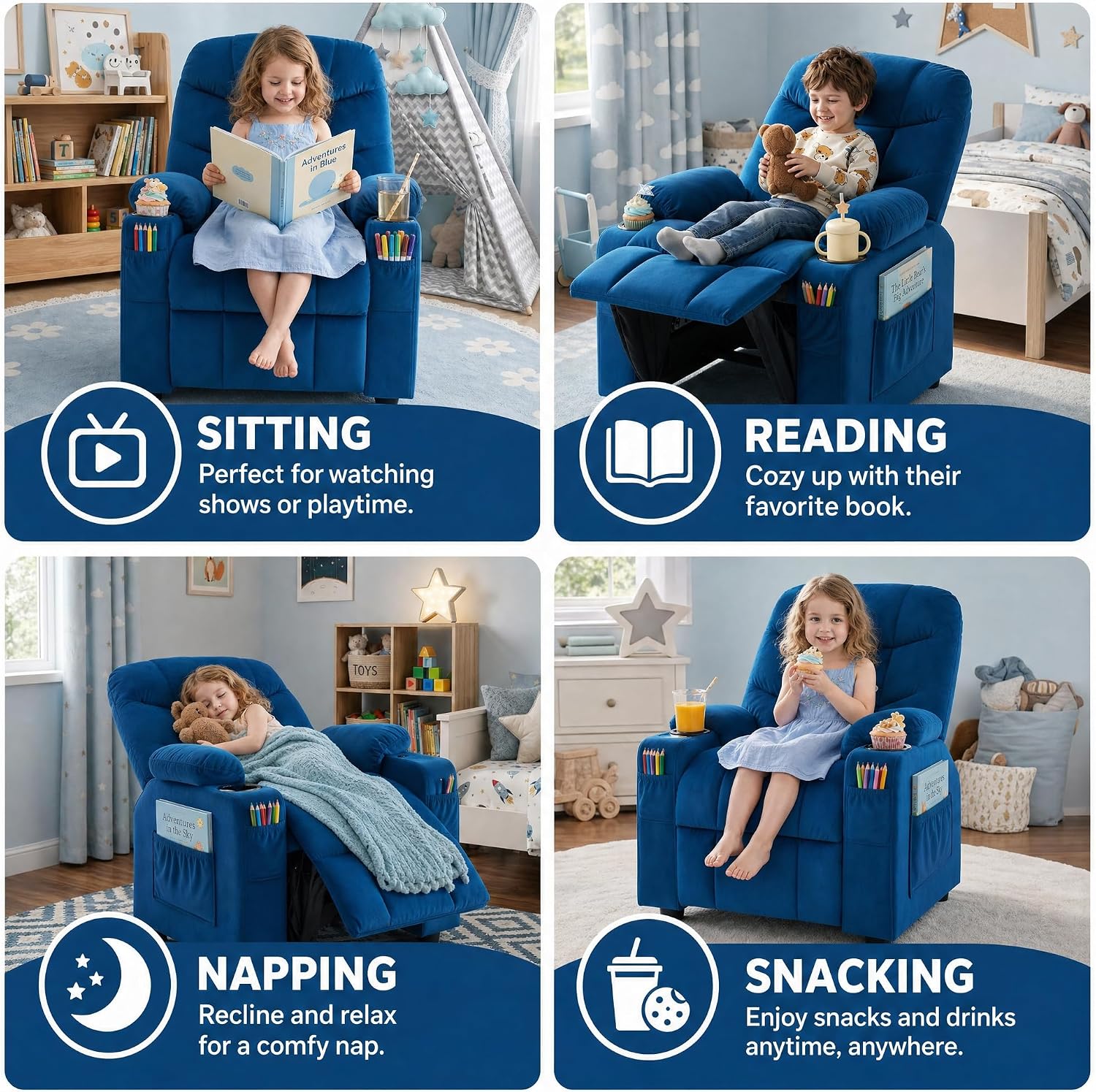 Donut Larger Kids Reclining Chair Velvet Fabric Recliner Sofa Push Back Lounge Children Toddler Boys Girls Ages 3-12 with Dual Cup Holders and 4 Pockets