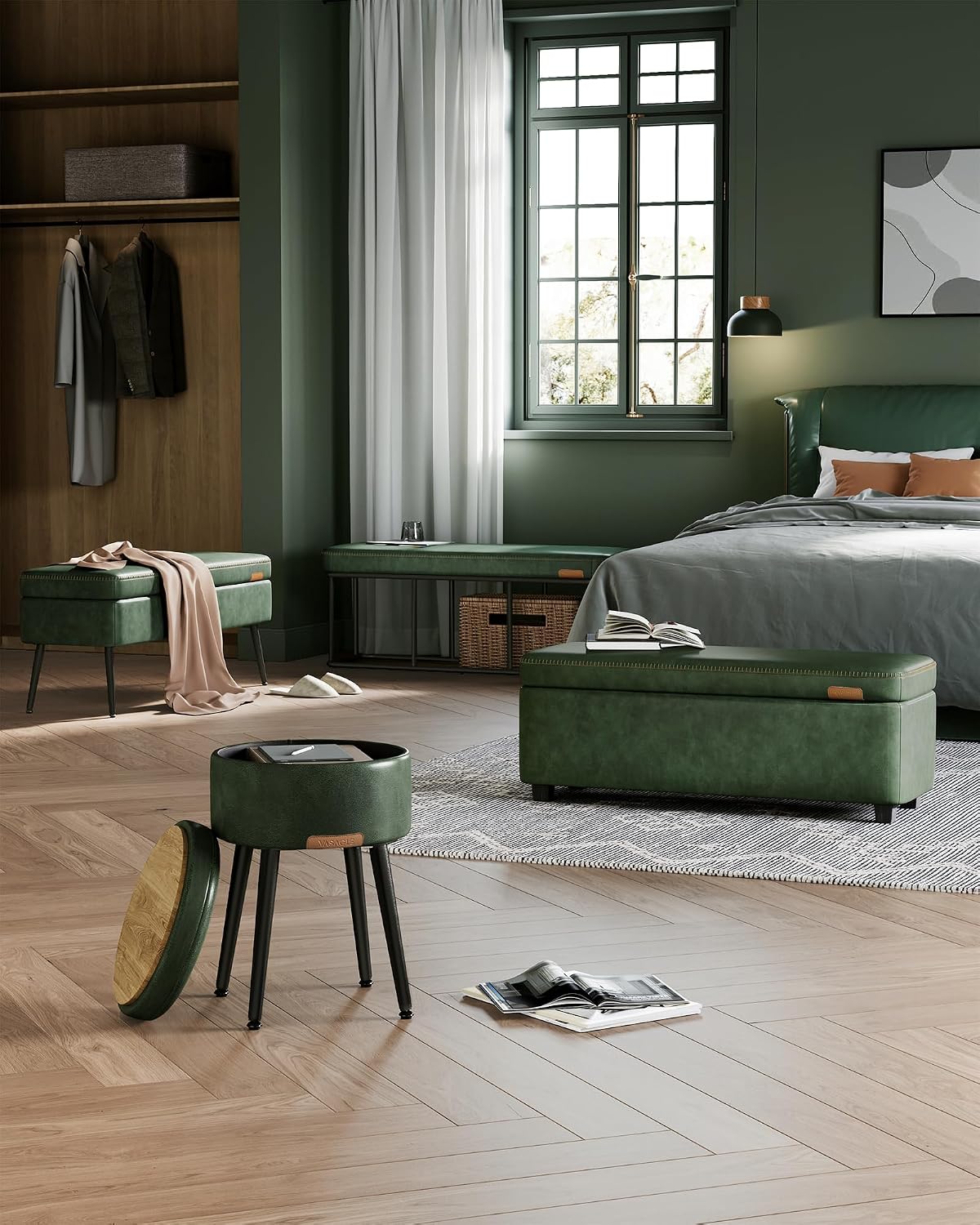 VASAGLE EKHO Collection - Storage Ottoman Bench, Entryway Bedroom Bench, 25 Gallons, Synthetic Leather with Stitching, Mid-Century Modern, Safety Hinges, Loads 660 lb, Forest Green ULOM075C01