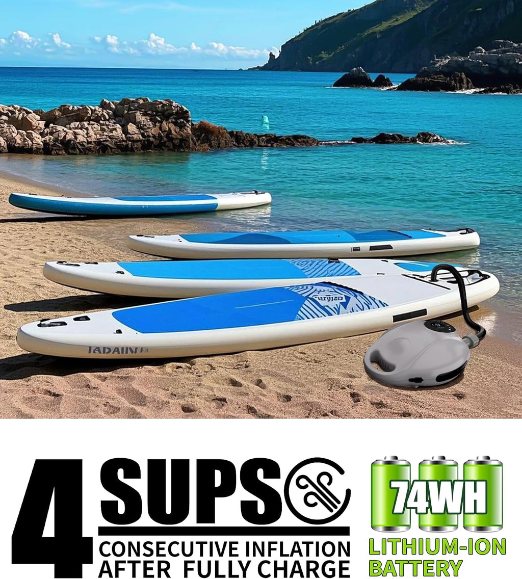 Truely Portable Paddle Board Pump 25 PSI High Pressure Sup Air Pump,4 Minutes Fast Inflation, 74WH Rechargeable Battery Powered Electric Air Pump for Inflatable Kayak Boat Float Tent