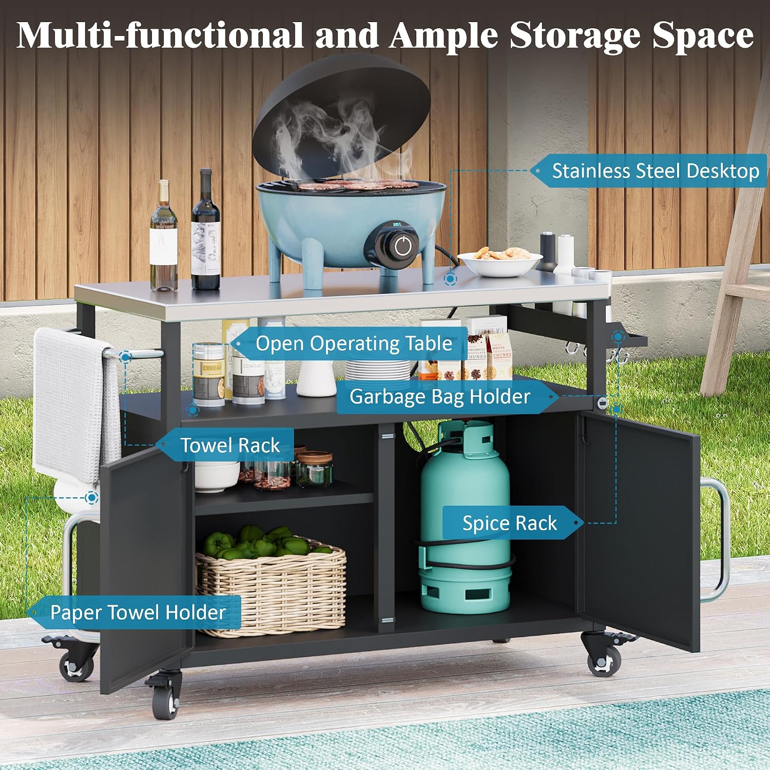 Outdoor Kitchen Island - 304 Stainless Steel Metal Grill Cart, Locking Wheels, Spice Rack & Storage Cabinets | Heavy-Duty All-Weather Design for BBQ Prep, Patio, Poolside (Outdoor Island Cart)