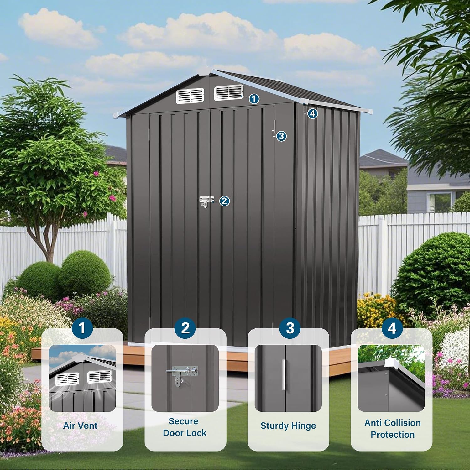 YOPTO 5X3 FT Metal Outdoor Storage Shed,Waterproof Backyard House Buildings with Pitched Roof and Lockable Door,Tool Sheds w/Vents,for Garden Garbage Enclosure,Gray