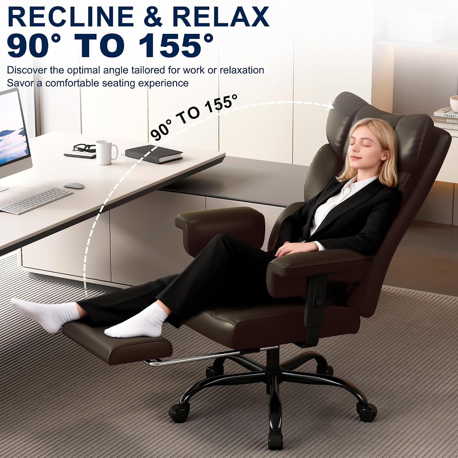 Misolant Big and Tall Office Chair with Footrest, High Back Executive Desk Chair with Adjustable Lift Armrest, 155°Recline，Lumbar Support Pillow, Faux Leather Gaming Chairs for Home or Office Brown