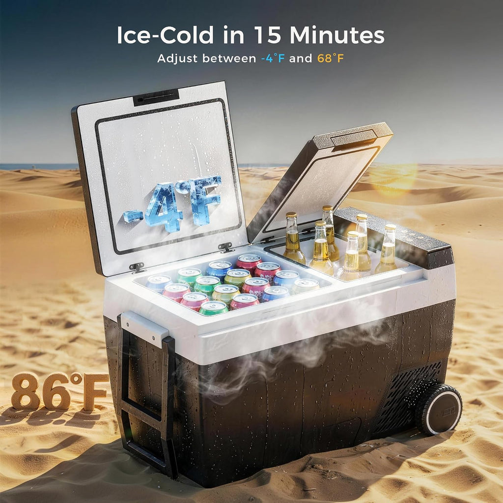 Feelfunn 12 Volt Refrigerator 55QT(52L), Dual-Zone Car Fridge Freezer with Wheels, -4°F to 68°F Electric Cooler with Fast Cooling & APP Control, 12/24V DC 100-240V AC for Camping RV Truck SUV, Black