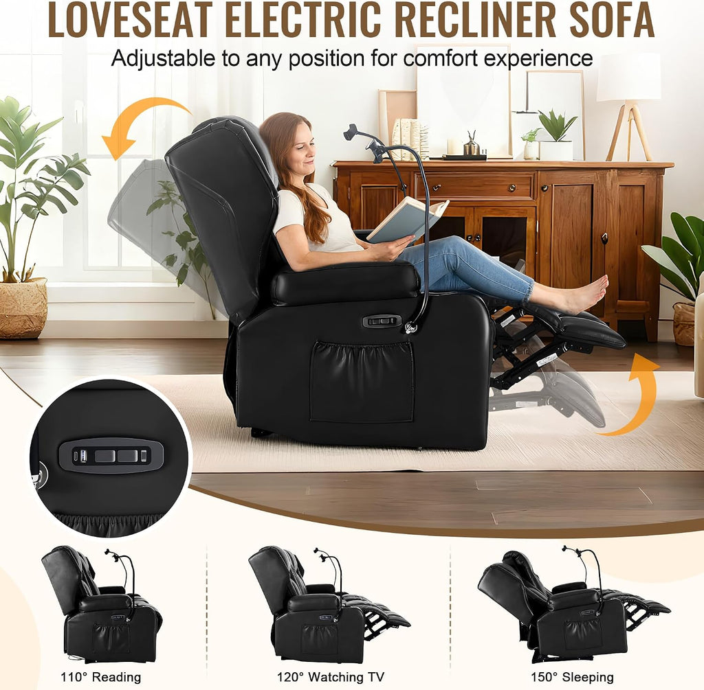 Power Recliner Loveseat for Living Room, Loveseat Sofa with Center Console, USB Type-C Port, Leather Chair with Massage and Heat, Speaker Oversized Recliner Chair for Home Theater (Black)