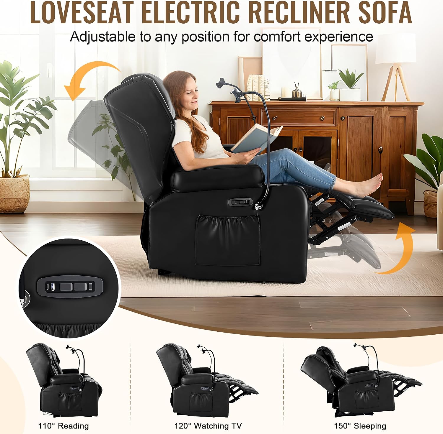 Power Recliner Loveseat for Living Room, Loveseat Sofa with Center Console, USB Type-C Port, Leather Chair with Massage and Heat, Speaker Oversized Recliner Chair for Home Theater (Black)