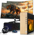 HP Full Light Gaming PC Desktop Computer – AMD Pro A10-9700,RX 550 Graphics,8GB RAM,512GB SSD,Dual 27 Inch Curved Monitor,RGB Keyboard with AI Copilot,Mouse,WiFi,RGB Headphone,Windows 11(Renewed)