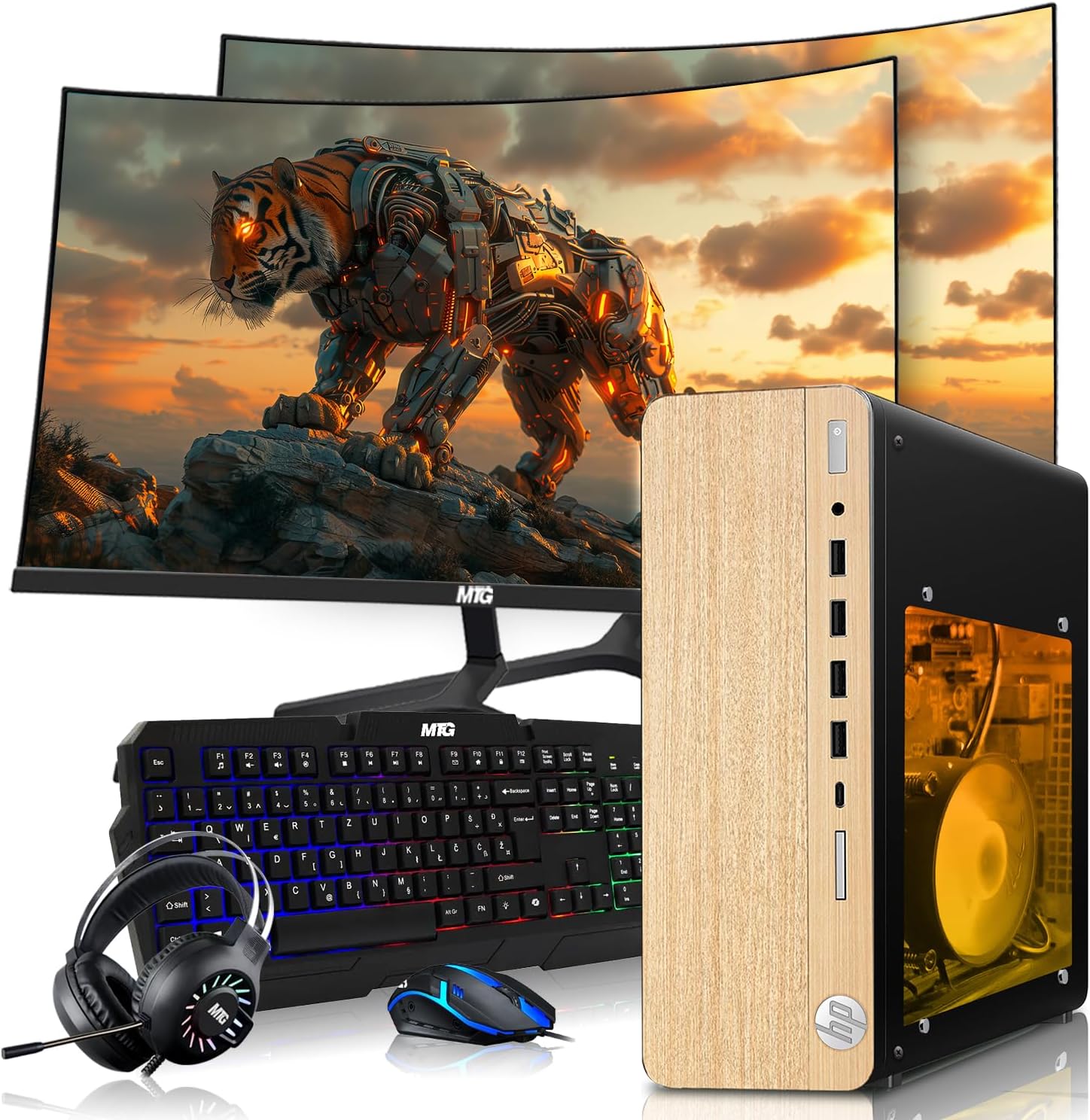 HP Full Light Gaming PC Desktop Computer – AMD Pro A10-9700,RX 550 Graphics,8GB RAM,512GB SSD,Dual 27 Inch Curved Monitor,RGB Keyboard with AI Copilot,Mouse,WiFi,RGB Headphone,Windows 11(Renewed)