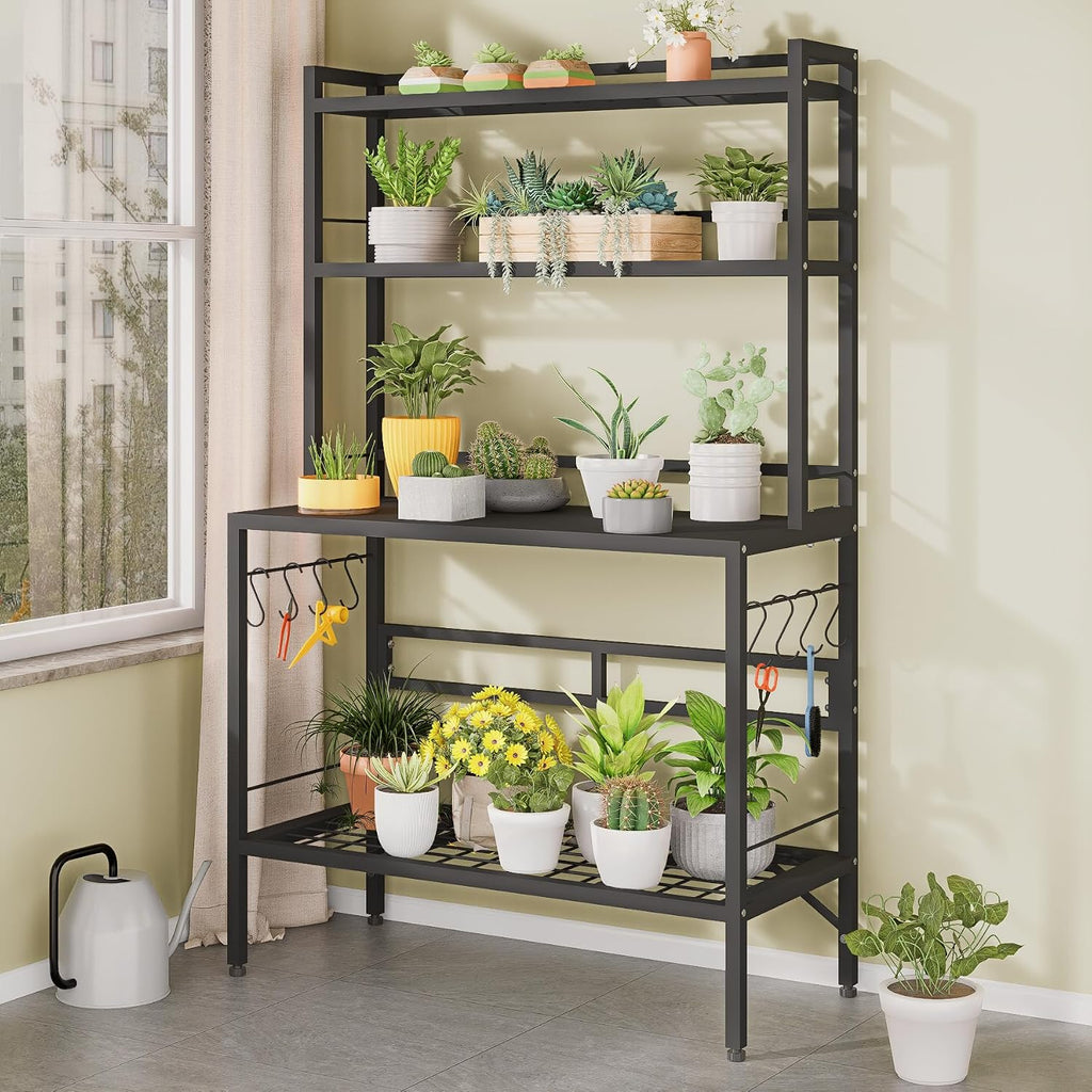Outdoor Potting Bench Table with Storage, 63' Tall Metal Garden Workstation, 4-Tier Plant Stand Shelves with 8 Hooks, Heavy Duty All-Weather Potting Table for Patio, Backyard, Balcony, Gray