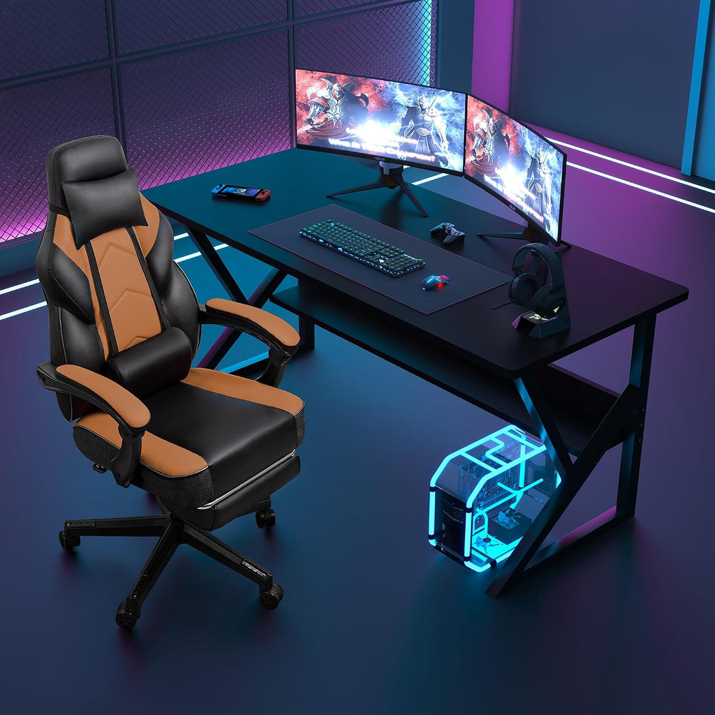 SUNLEI Gaming Chair for Adults, Ergonomic PU Leather Office Chair with Headrest & Footrest, Video Game Chairs with Massage Lumbar Support, Height Adjustable Computer Chair with 360° Swivel, Walnut Red