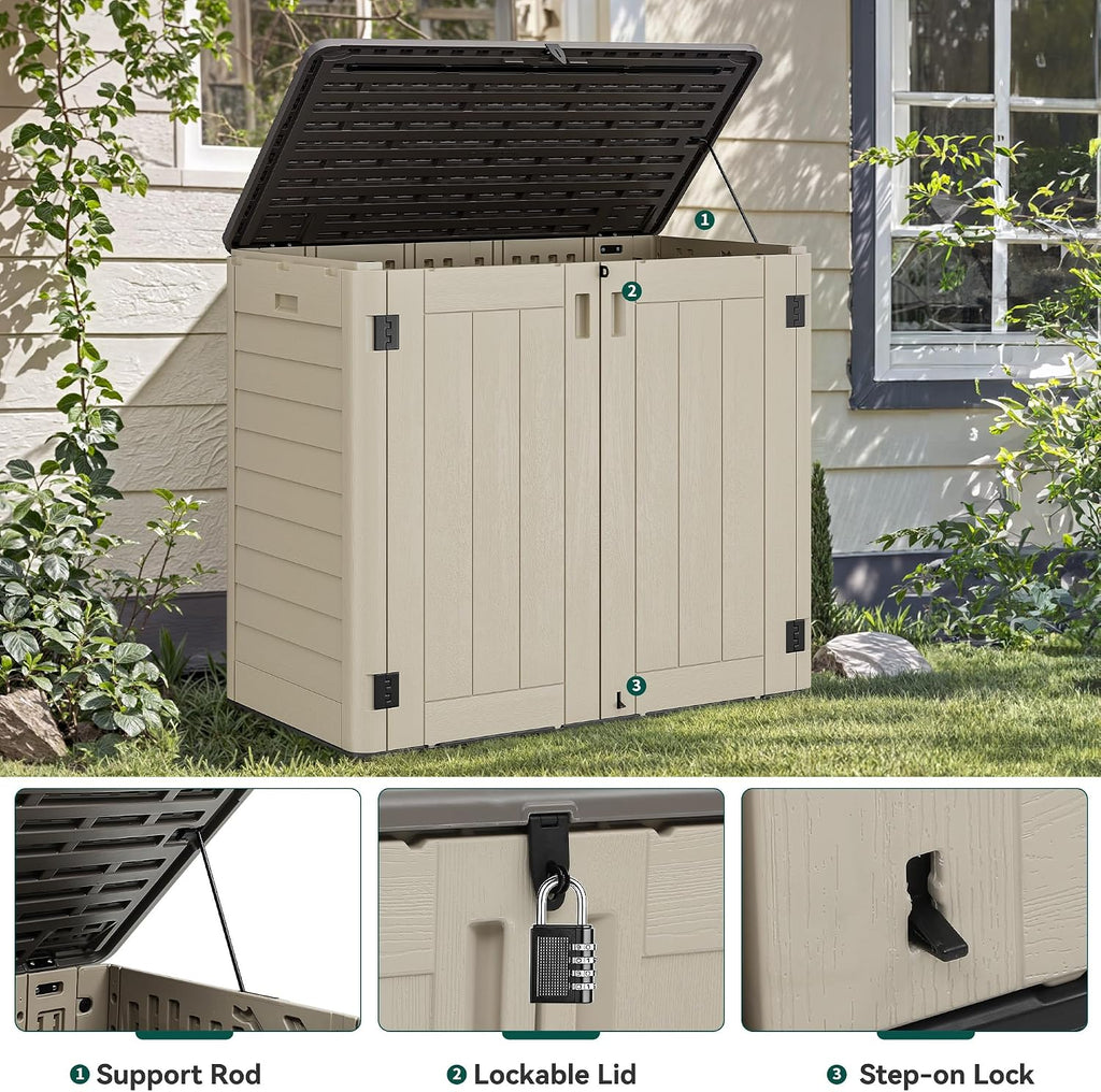 YITAHOME 30 cuft Outdoor Storage Shed w/o Shelf, Horizontal Storage Cabinet for Garden Tool, Waterproof Storage Shed Plastic for Garage, Resin Pool Storage, Easy to Assemble, Khaki & Brown