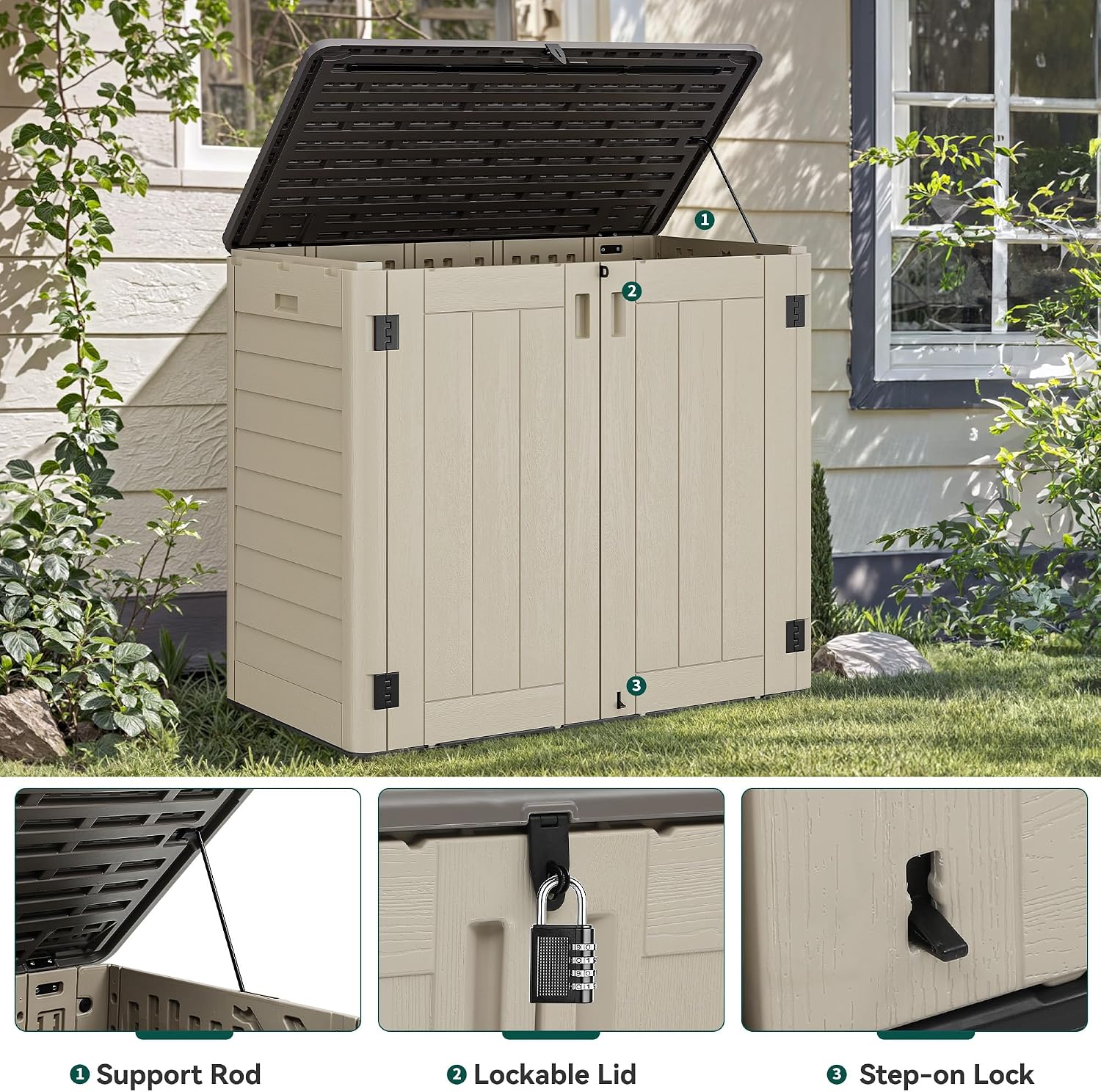 YITAHOME 30 cuft Outdoor Storage Shed w/o Shelf, Horizontal Storage Cabinet for Garden Tool, Waterproof Storage Shed Plastic for Garage, Resin Pool Storage, Easy to Assemble, Khaki & Brown