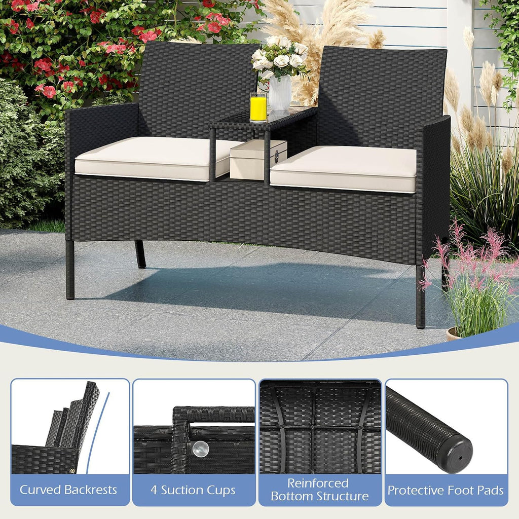 Tangkula Patio Loveseat with Built-in Table, Wicker 2-Seat Furniture with Soft Cushions & Tempered Glass Tabletop, Metal Frame Outdoor Conversation Seating Bench for Backyard, Porch