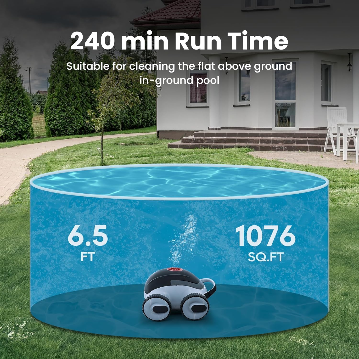 Robotic Cordless Pool Cleaner, Automatic Pool Robot Vacuum with App, Lasts up to 240 Mins, Ultra-fine Dual Filter Ideal for Above/In-Ground Pool up to 1,076 Sq.ft