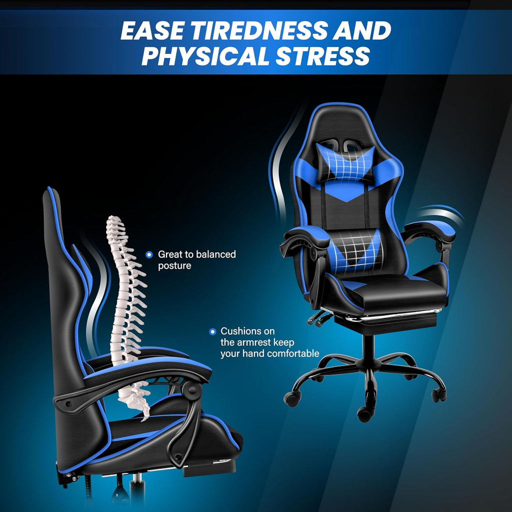 YSSOA Gaming Chair, Computer Chair with Footrest, Height Adjustable & 90°-135° Tilt Function, Swivel Recliner Ergonomic Racing Style Video Game Chair with Lumbar Support (Black/Blue)