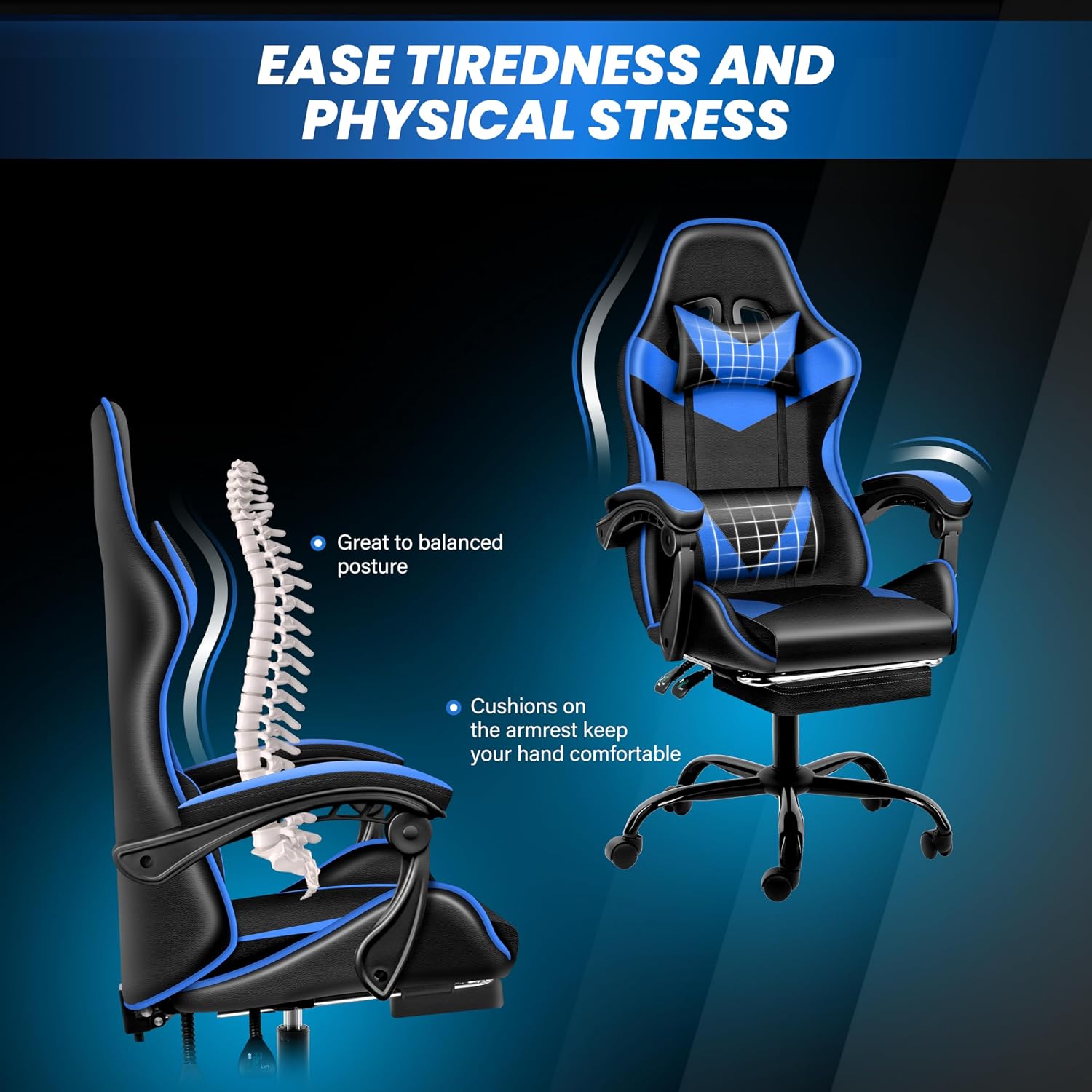 YSSOA Gaming Chair, Computer Chair with Footrest, Height Adjustable & 90°-135° Tilt Function, Swivel Recliner Ergonomic Racing Style Video Game Chair with Lumbar Support (Black/Blue)