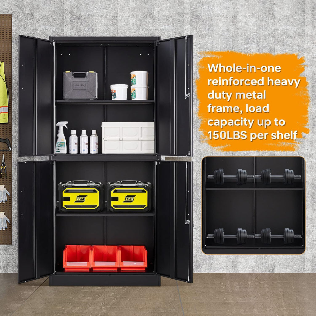 STANI Metal Storage Cabinet, Locking Steel Cabinet with 4 Doors and 2 Adjustable Shelves, 71' Tall Steel Cabinet for Home Office, Garage, School (Black)