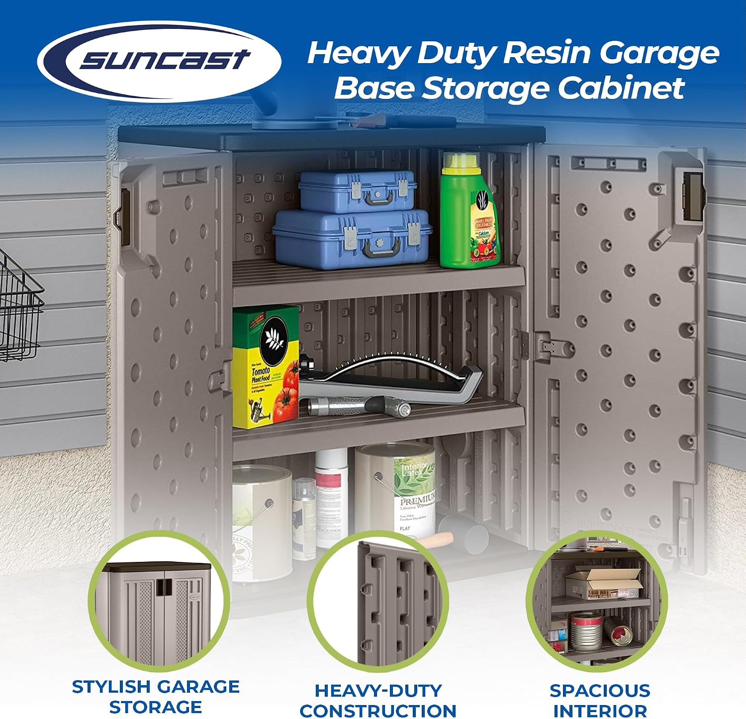 Suncast 2 Pack 9 Cu. Ft. Base Storage Cabinet, Resin Garage Organizer, Platinum Metallic/Slate