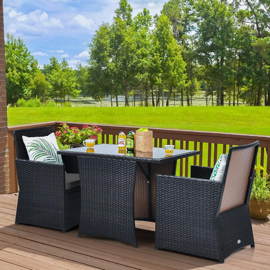 HAPPYGRILL 3 Piece Patio Furniture Set, Outdoor PE Rattan Wicker Bistro Set with Washable Cushions & Tempered Glass Table, for Backyard Porch Garden Balcony Poolside