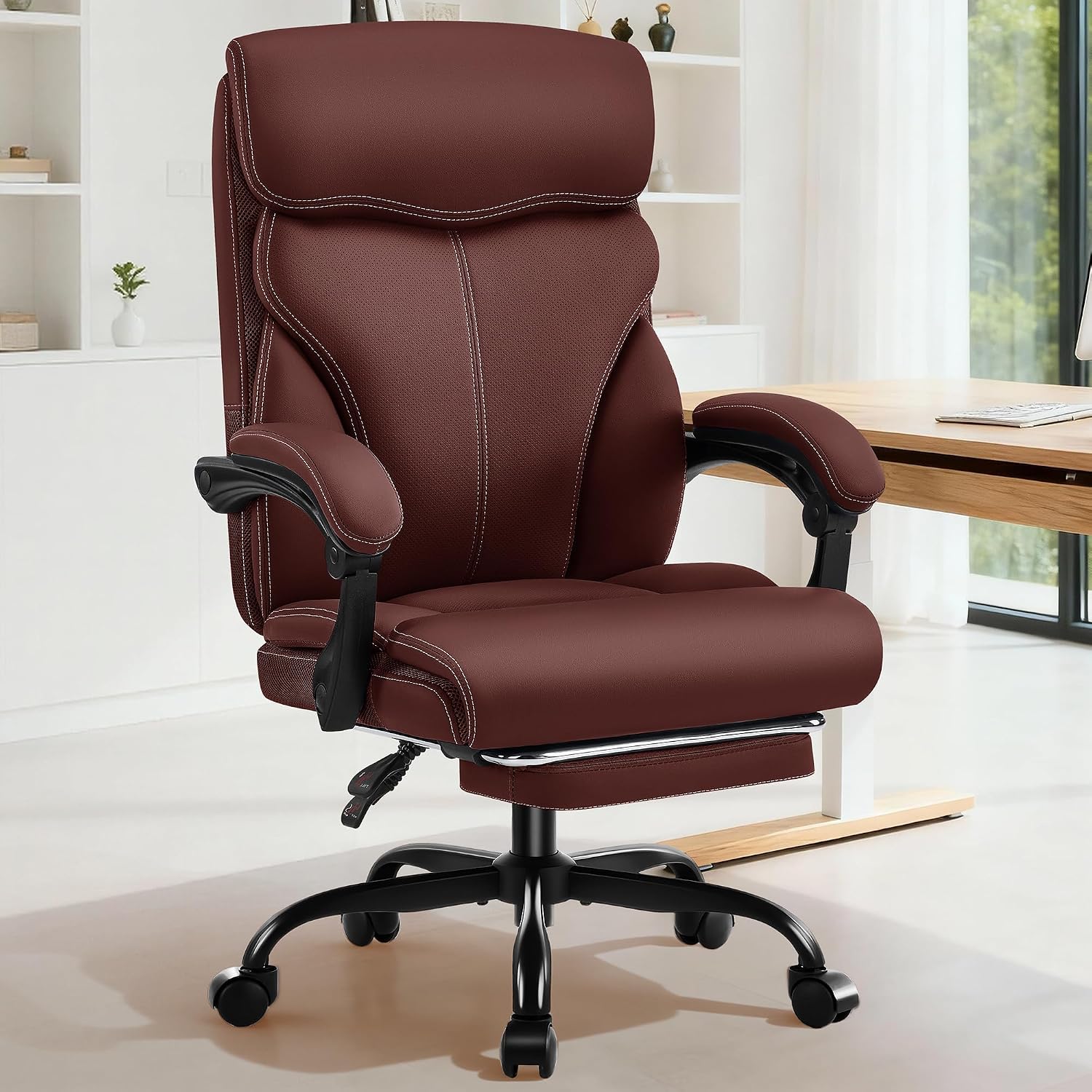 AreShark Office Chair - Ergonomic Comfortable High Back Computer Desk Chair with Foot Rest - Executive Breathable Swivel Rolling Reclining Leather Chair with Lumbar Support for Home Gaming Relaxing