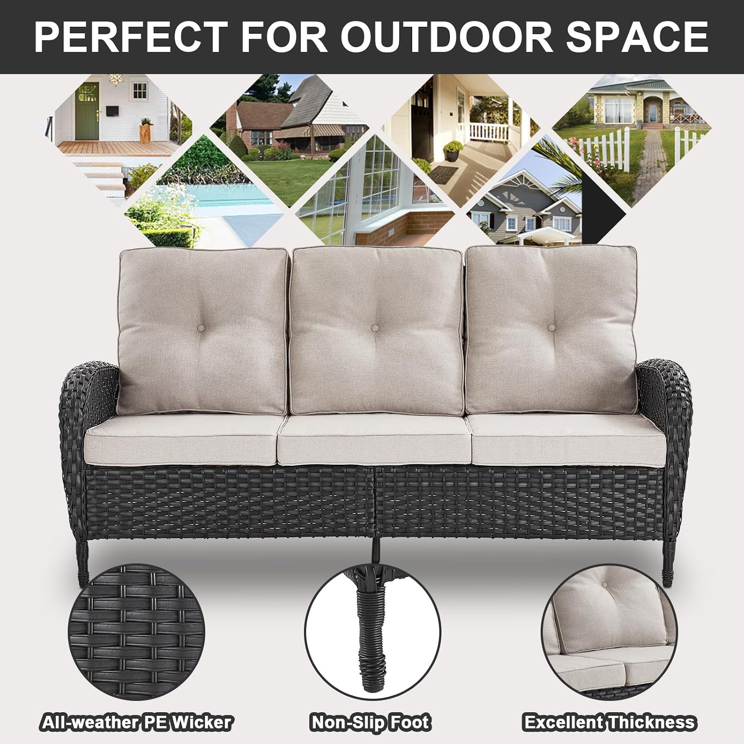 Belord Wicker Outdoor Furniture Set - 7 Piece Patio Conversation Sets with Comfort Swivel Rocker Glider Patio Chairs Set of 2 and Rattan Sofa, Tempered Glass Coffee Table and Side Table,Black/Beige