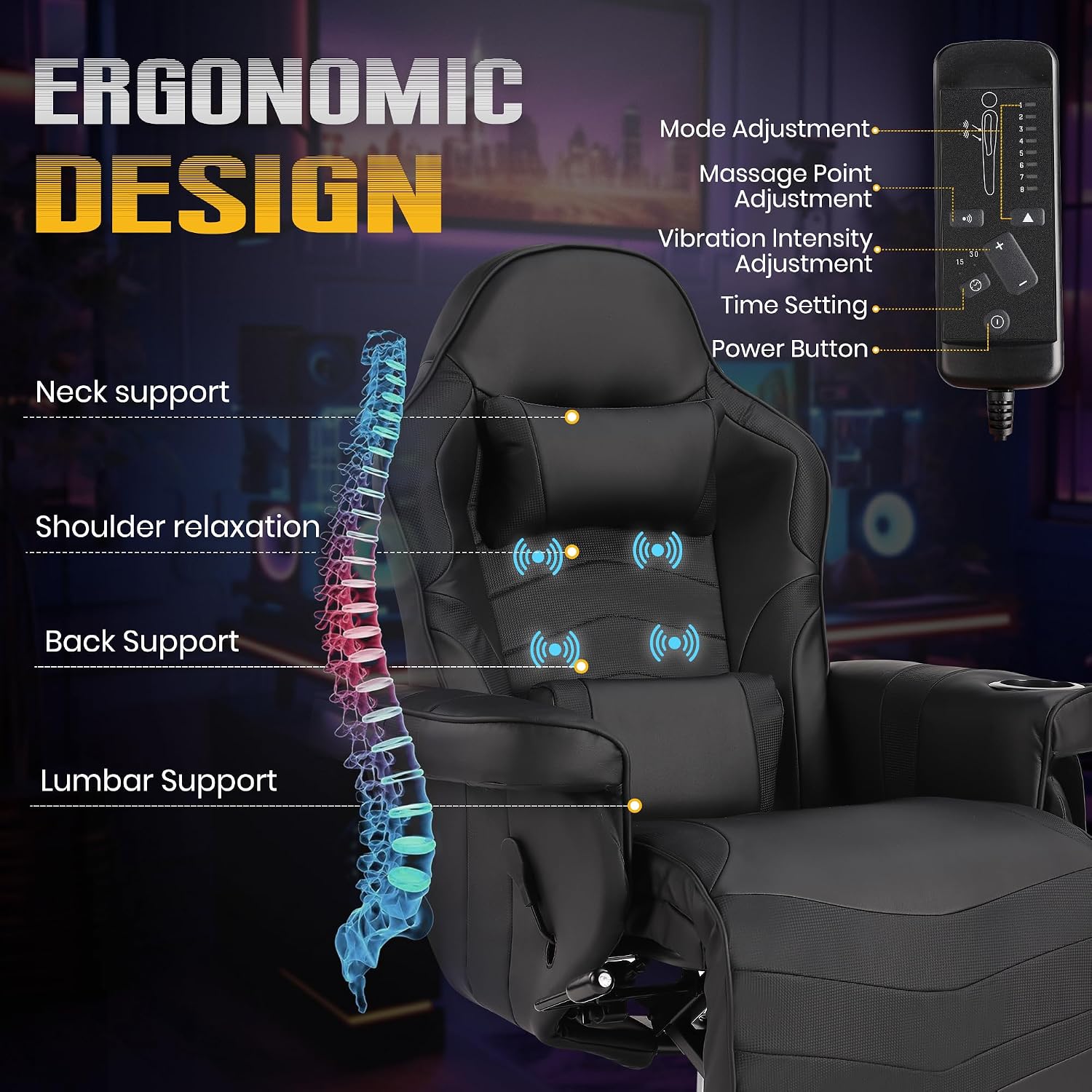 Massage Gaming Recliner Chair with Cup Holder & Side Pockets – Ergonomic PU Leather Video Gaming Chair with Footrest, Manual Recline, Headrest & Lumbar Support for Office or Game Room (Black)