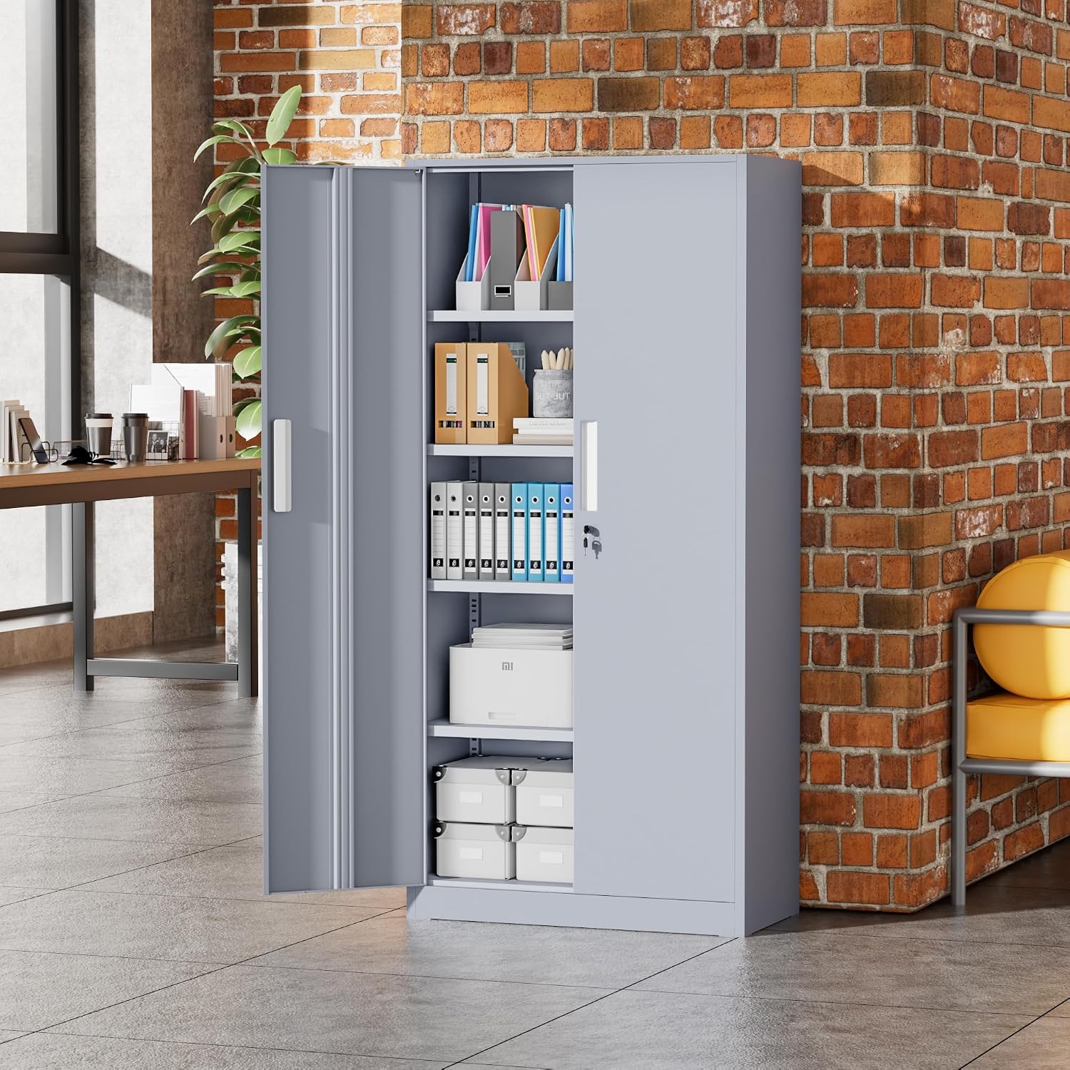 Greenvelly Metal Garage Storage Cabinet, 72' Tall Locking Steel Cabinet with 2 Doors and 4 Adjustable Shelves, Utility Metal Filing Cabinet with Lock for Home, Office, Garage, School (Dark Grey)