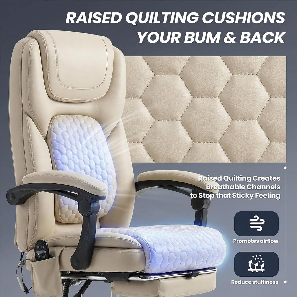 MALOL Massage Office Chair Set of 2 with Heat and Footrest - 3-Level 65°C Targeted Heating, 20-Min Assembly Leather Desk Chair, Big and Tall Executive Computer Chair with Side Pocket, 300 lbs, Beige