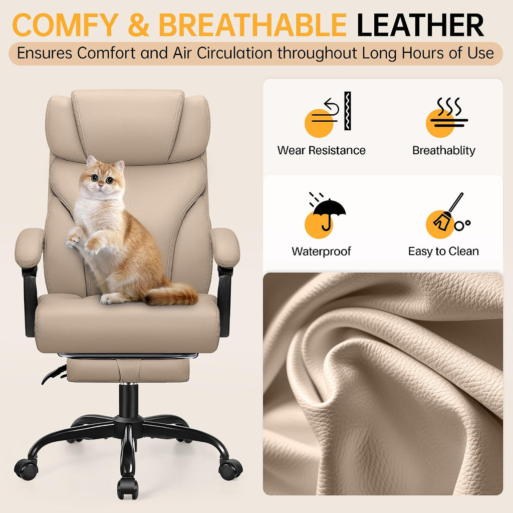 HeroSet Big and Tall Office Chair with Foot Rest, 400lbs Ergonomic Reclining High Back Executive Leather Chair, Lumbar Support Swivel Computer Desk Chairs for Heavy People Home Office Gaming(Khaki)