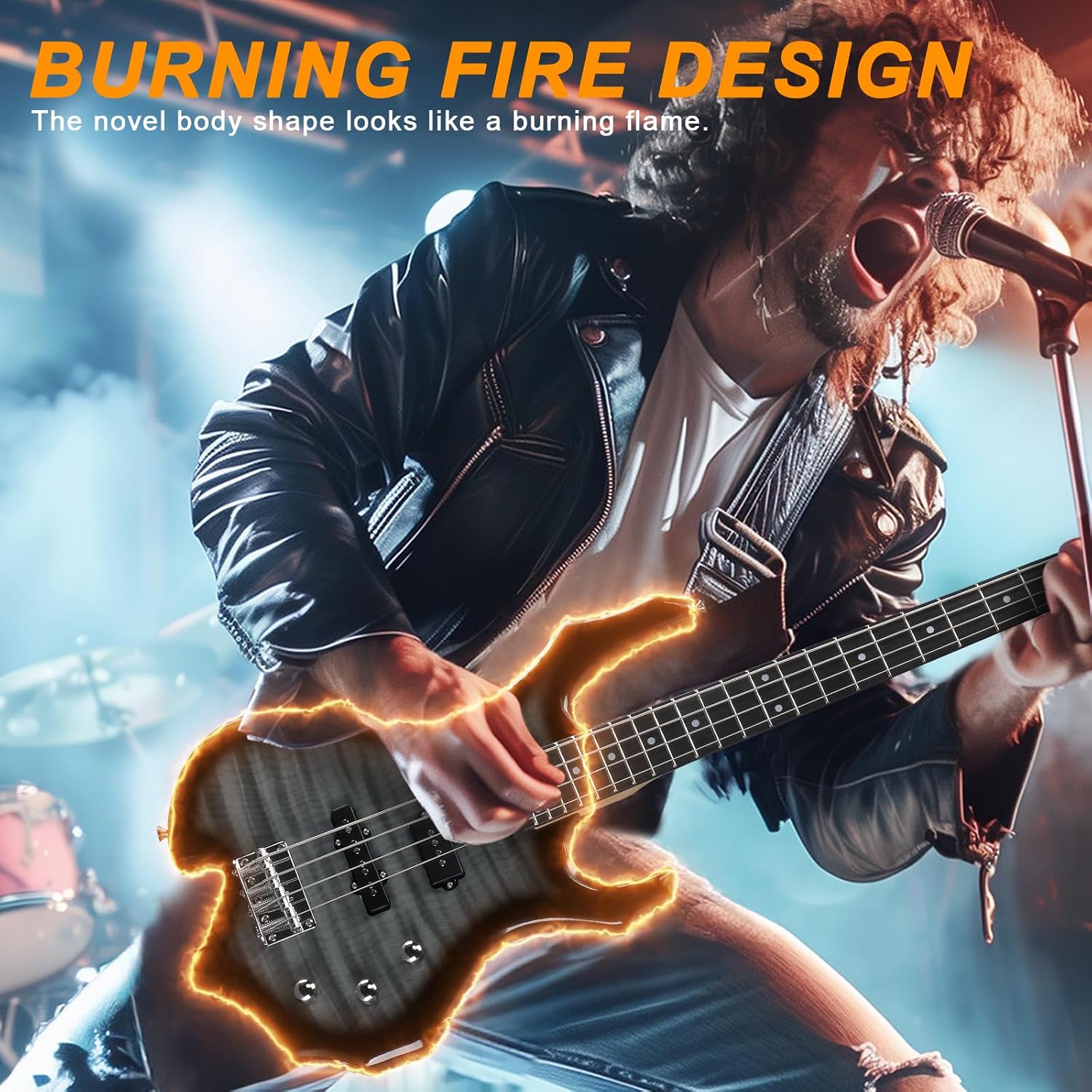 Ktaxon Electric Bass Guitar Full Size Flame Design Bass Set with 20 Watt Amplifier, Portable Bass Bag, Superior Amp Wire, Adjustable Guitar Strap, Plectrum, Wrench Tool(Tiger Stripes)