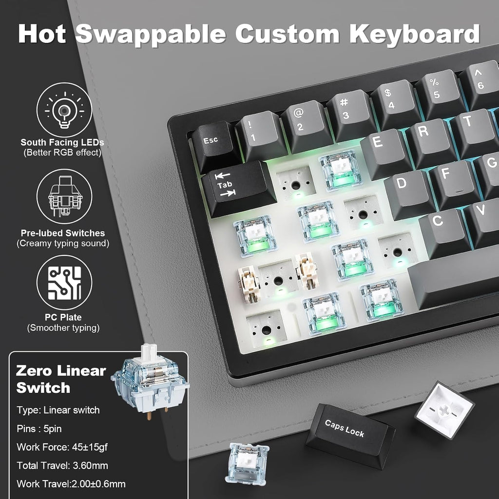 YUNZII AL68 Wireless Mechanical Keyboard,Full Aluminum CNC,60% Layout with Knob, QMK/VIA Software,Gasket Mounted,Hot Swappable,RGB Backlit,BT/2.4G/USB-C for Mac/Win(Black, Gateron Zero)