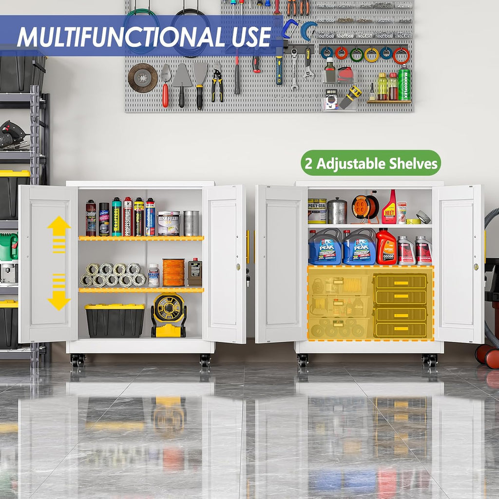 35.4' Metal Garage Storage Cabinet with Wheels and Locking Doors and Tall Rolling Steel Tool Cabinet with 2 Adjustable Shelves for Garage,Home,Office,Shop (White, 35.4''H x 27.6''W x13.8''D)