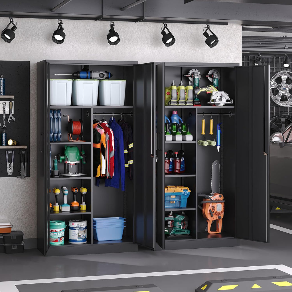 72' H Metal Garage Storage Cabinets, Lockable Broom Closet Cabinet with Hanging Rod & Doors, 5-Tier Steel Utility Cabinets for Garage, Laundry Room, Warehouse Storage, Black