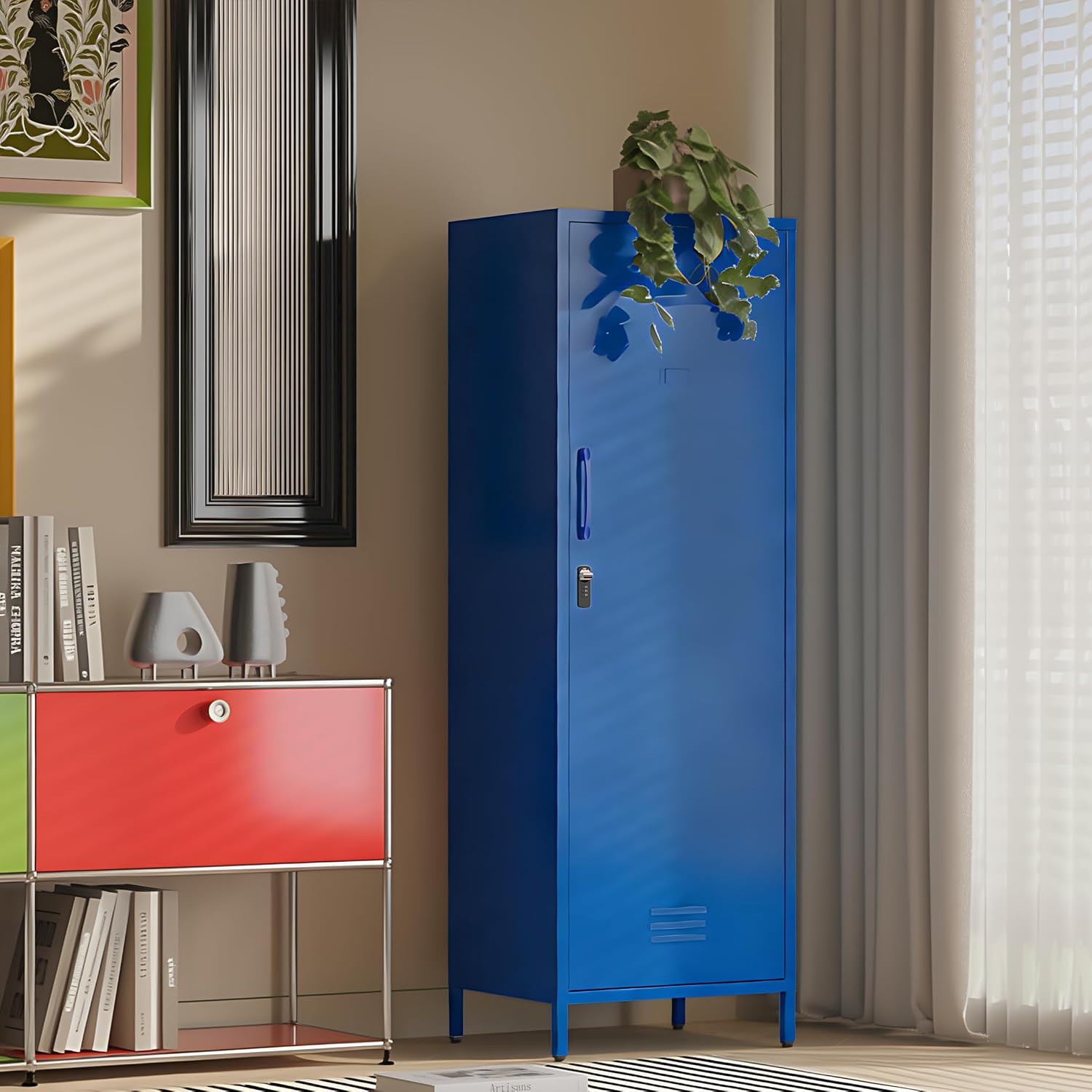 Metal Locker Storage Cabinets Kids Lockable Single File Storage Cabinet with Digital Lock Locker for School Gym Pantry Kitchen (Navy)