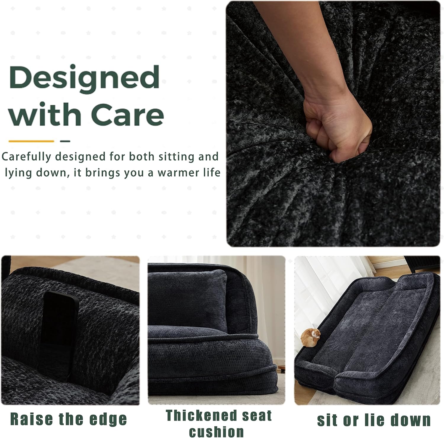 Floor Chair with Back Support, Human Dog Bed, Folding Loveseat with 5 Adjustable Position, 2 Back Cushions, Chenille Meditation Gaming Chair for Lazy Boys, Living Room, Lounge, Bedroom, Black