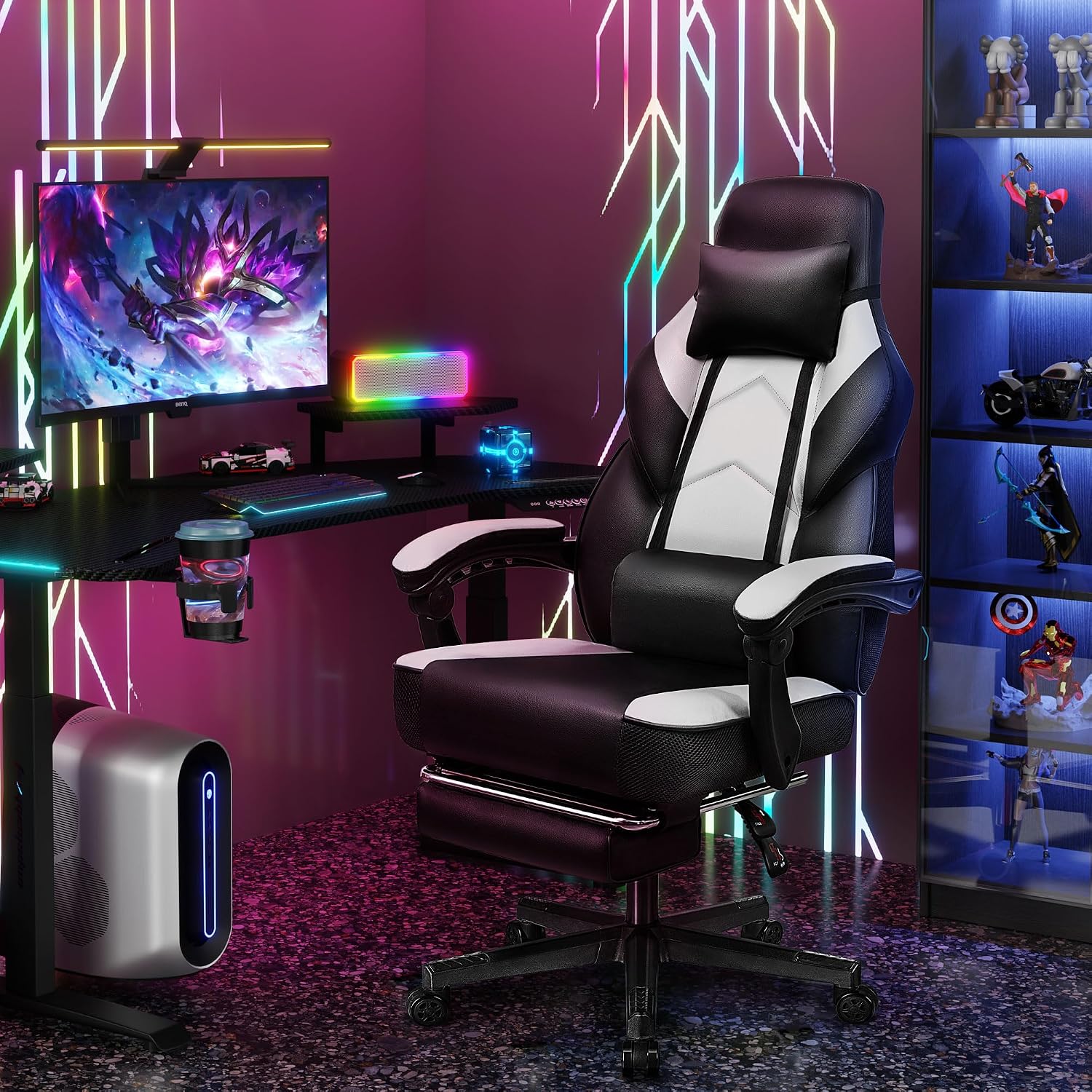 Gaming Chair for Adults, Gaming Chairs with Footrest, Ergonomic Video Game Chair with Massage Lumbar Big and Tall Computer Chair, Height Adjustable with Headrest and 360° Swivel Seat, White
