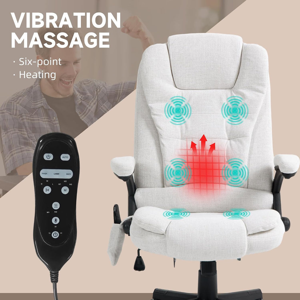 Vinsetto 6 Point Vibrating Massage Office Chair with Heat, Linen High Back Executive Office Chair with Reclining Backrest, Padded Armrests and Remote, Cream White