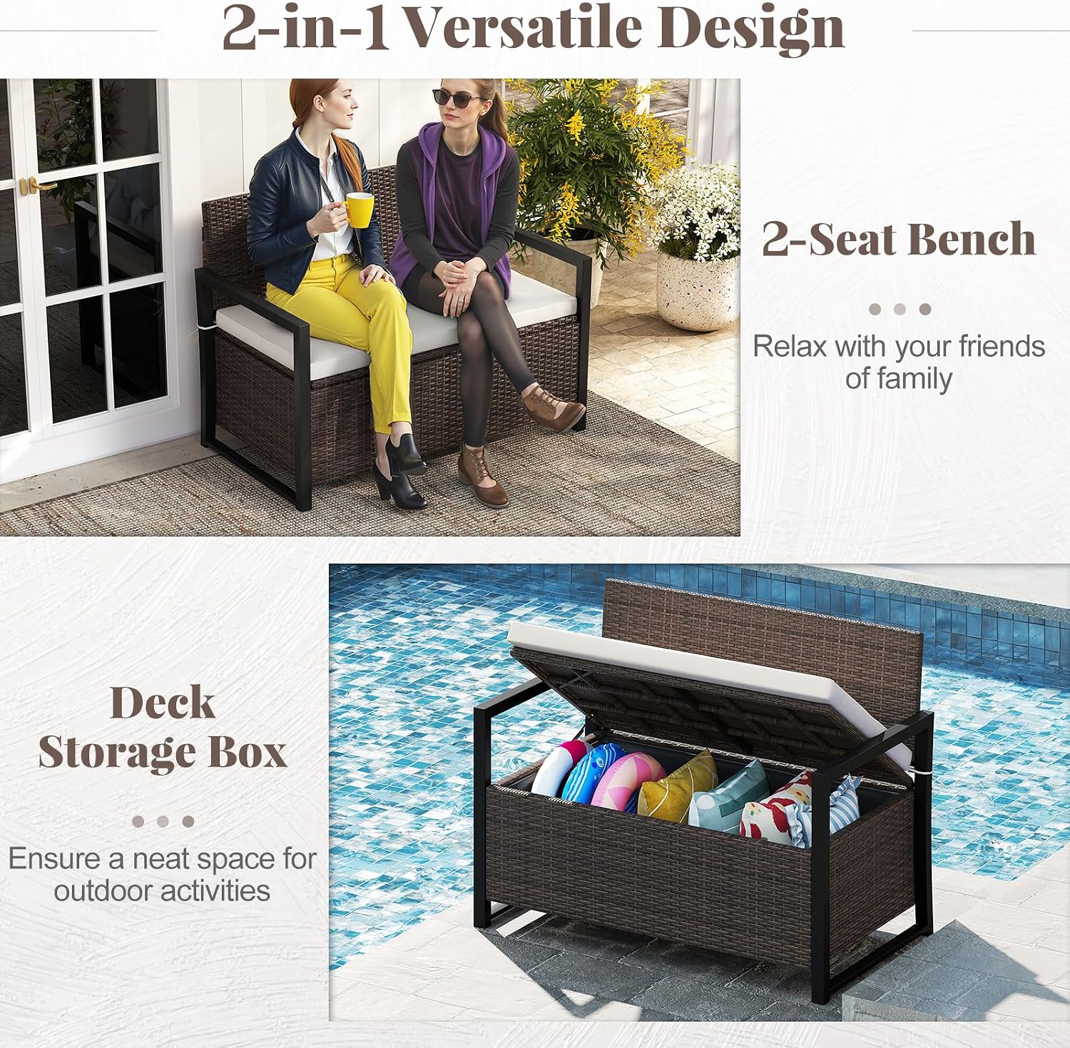 RELAX4LIFE Wicker Outdoor Bench with Storage - Rattan Deck Box w/Protective Liner for Pillows, Pool Supplies, Garden Tools, Patio Loveseat with Seat Cushion & Metal Armrests for Backyard Porch Balcony