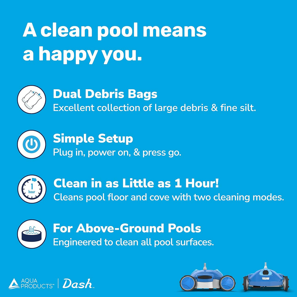 Aqua Products Dash AG Jet Automatic Robotic Pool Cleaner for Above-Ground Pools up to 30ft, Strong JetBlast Technology w/ Dual Debris Bags