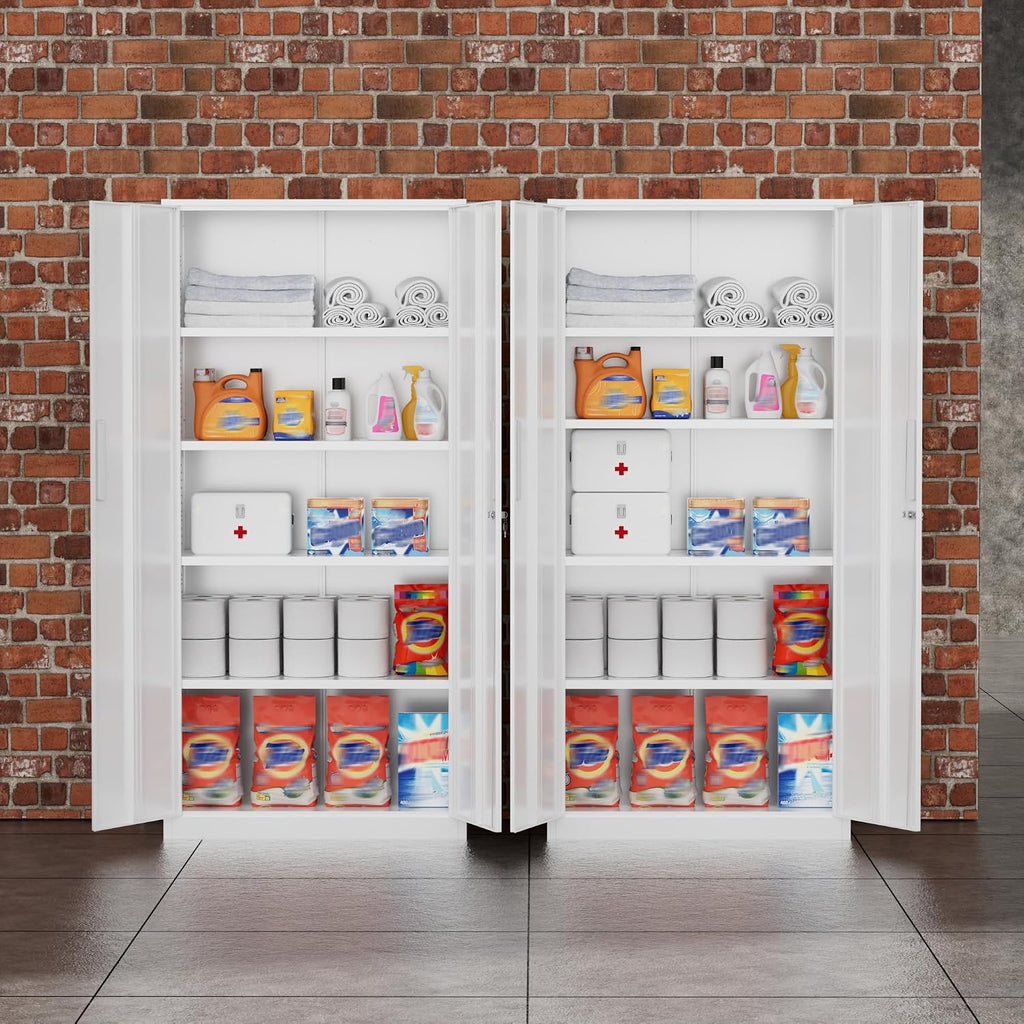 Greenvelly Metal Storage Cabinet, 72' Locking Metal Garage Storage Cabinet with Doors and 4 Adjustable Shelves, White Lockable Steel Cabinet for Home Office, Garage, Shop, School (32' W x 16' D)