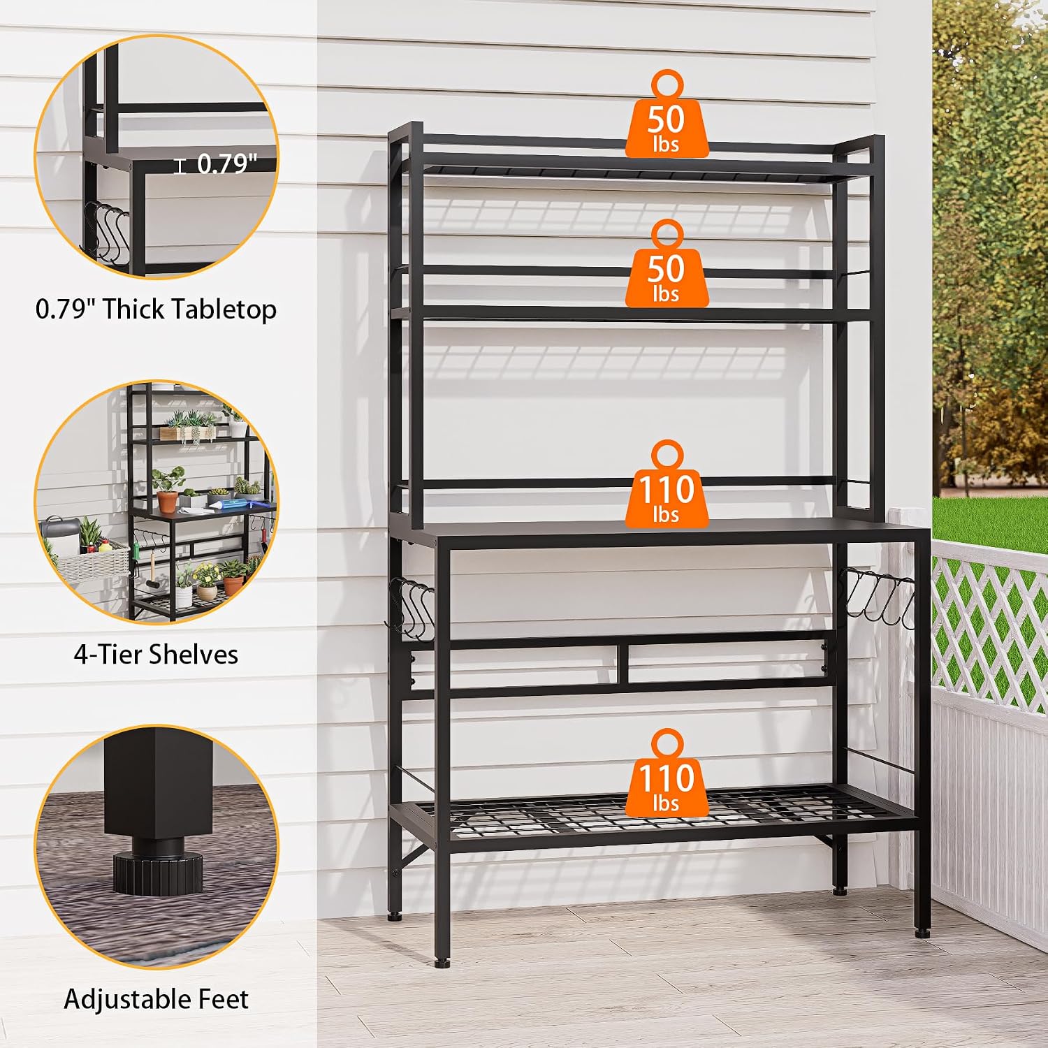 Outdoor Potting Bench Table with Storage, 63' Tall Metal Garden Workstation, 4-Tier Plant Stand Shelves with 8 Hooks, Heavy Duty All-Weather Potting Table for Patio, Backyard, Balcony, Black