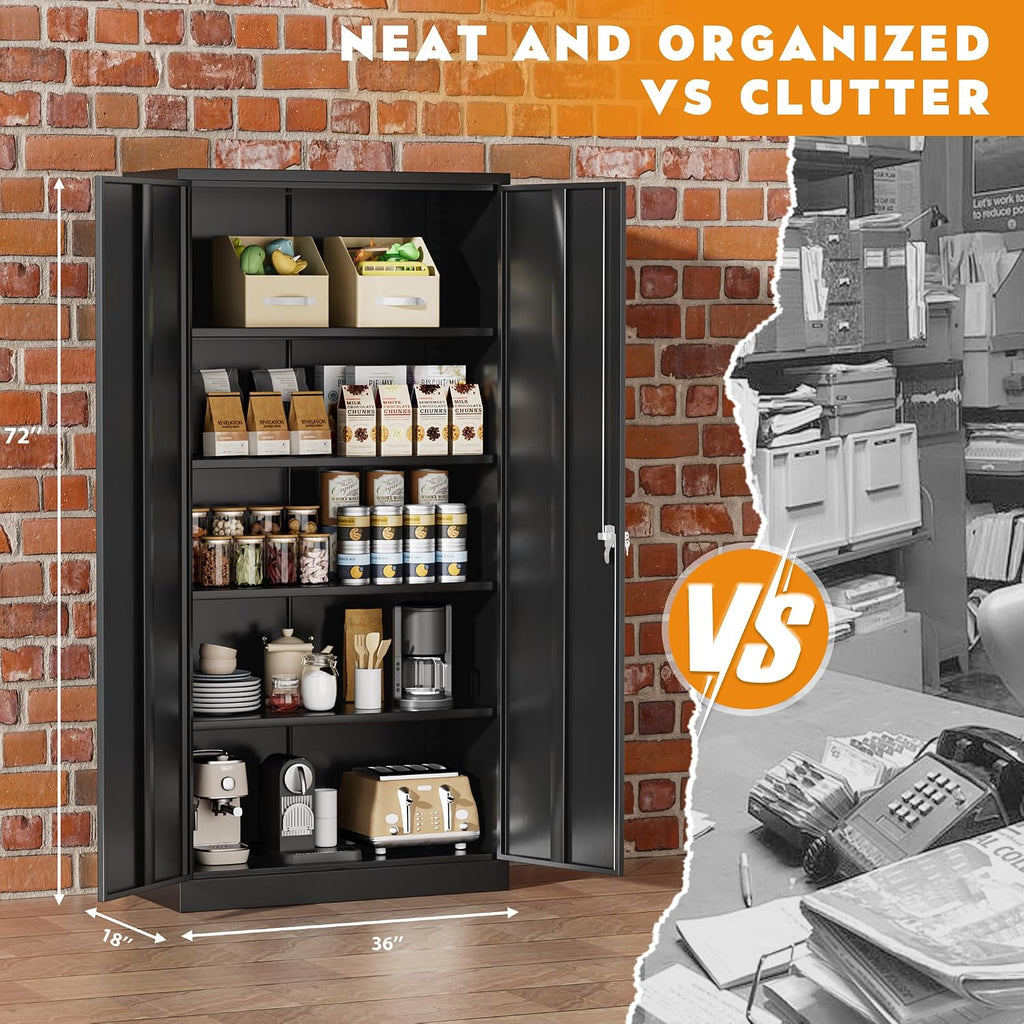 Greenvelly Steel SnapIt Storage Cabinet, 72' Locking Metal Garage Storage Cabinet with 4 Adjustable Shelves, 2 Doors and Lock for File, Office, Garage, Home (Black)